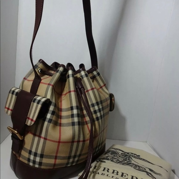 BURBERRY Haymarket Drawstring Bucket Shoulder Bag - Picture 2 of 12